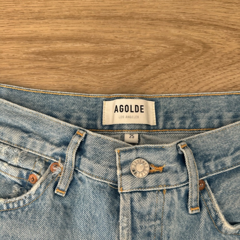 agolde medium blue high waisted rise distressed ripped denim jeans shorts bottom - Picture 2 of 7